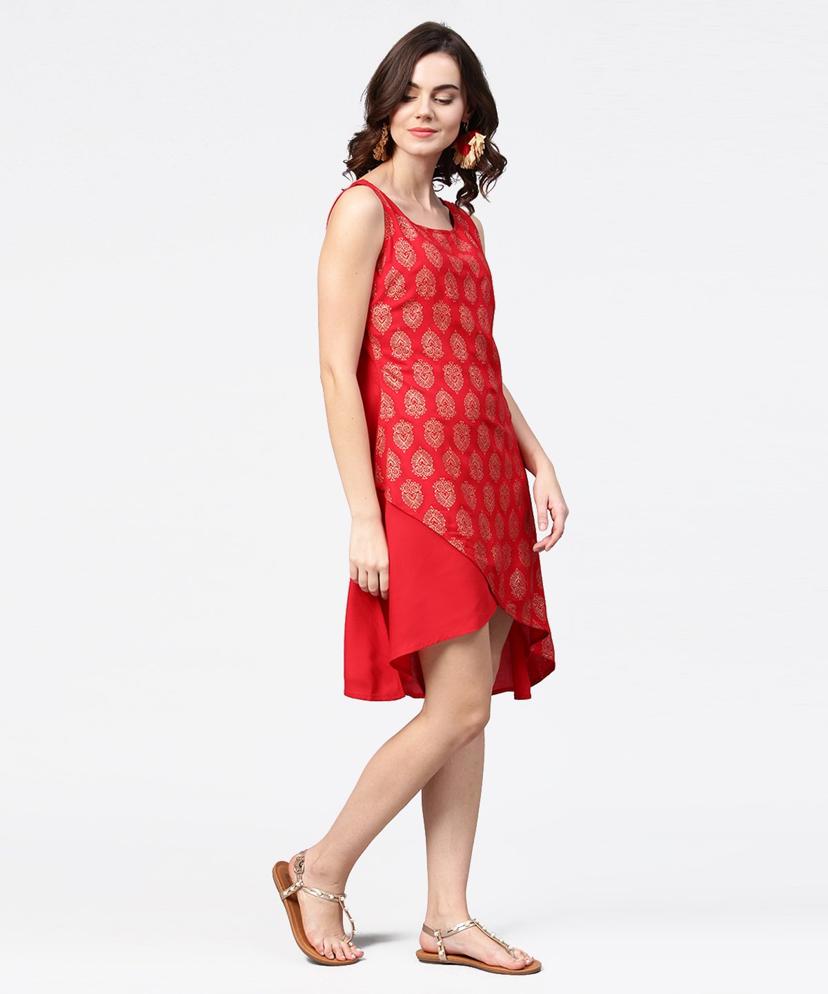 Women's Red Printed Sleeveless Cotton Low High Tunic