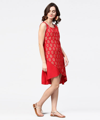 Women's Red Printed Sleeveless Cotton Low High Tunic