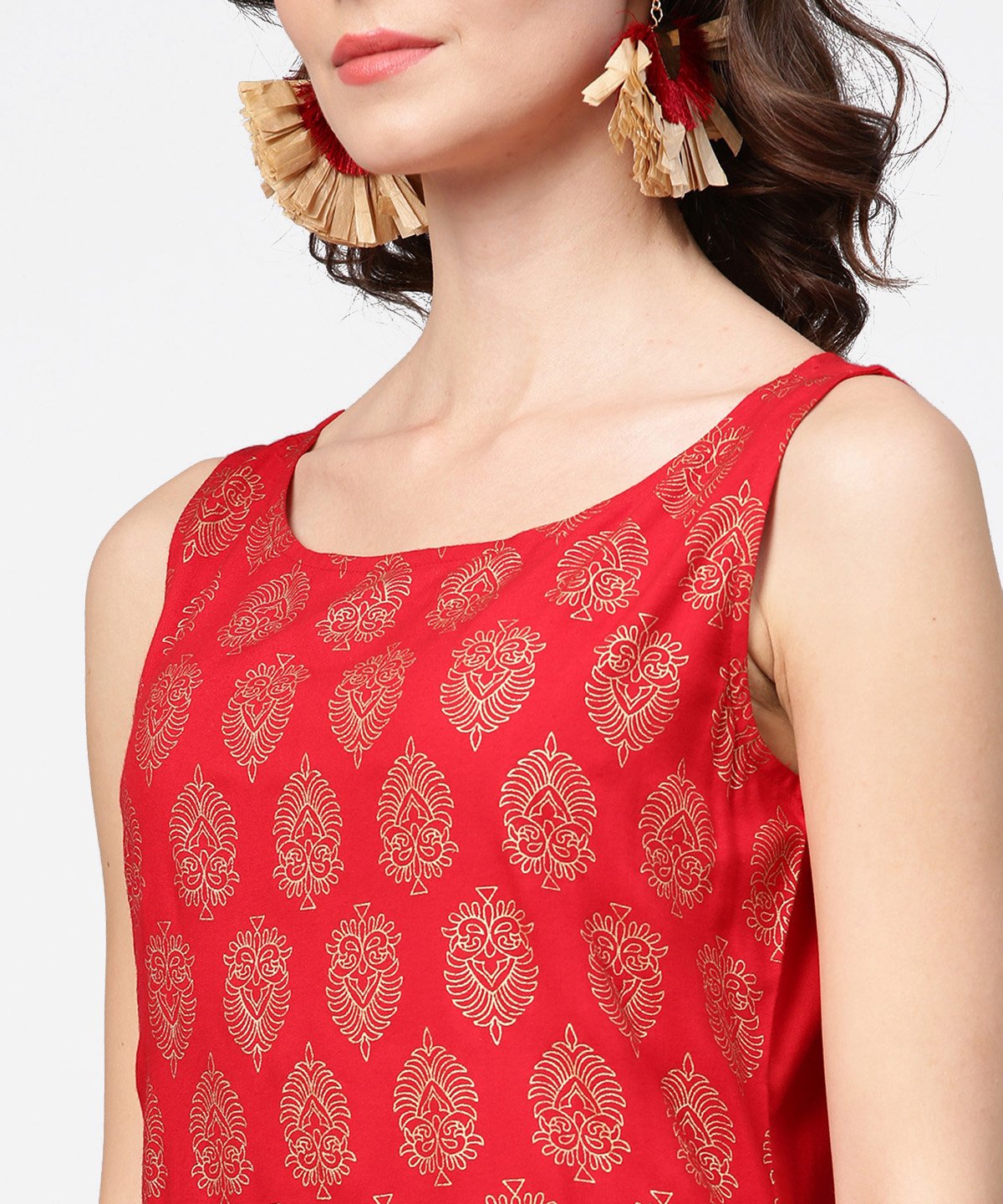 Women's Red Printed Sleeveless Cotton Low High Tunic