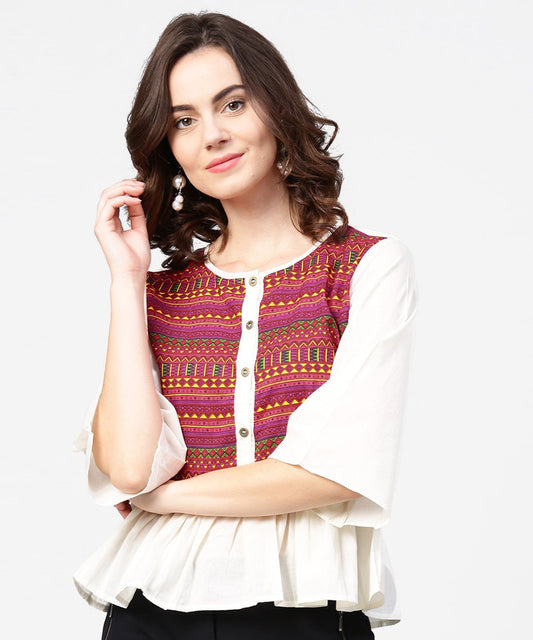 Women's White & Red Printed 3/4Th Sleeve Cotton Crop Top