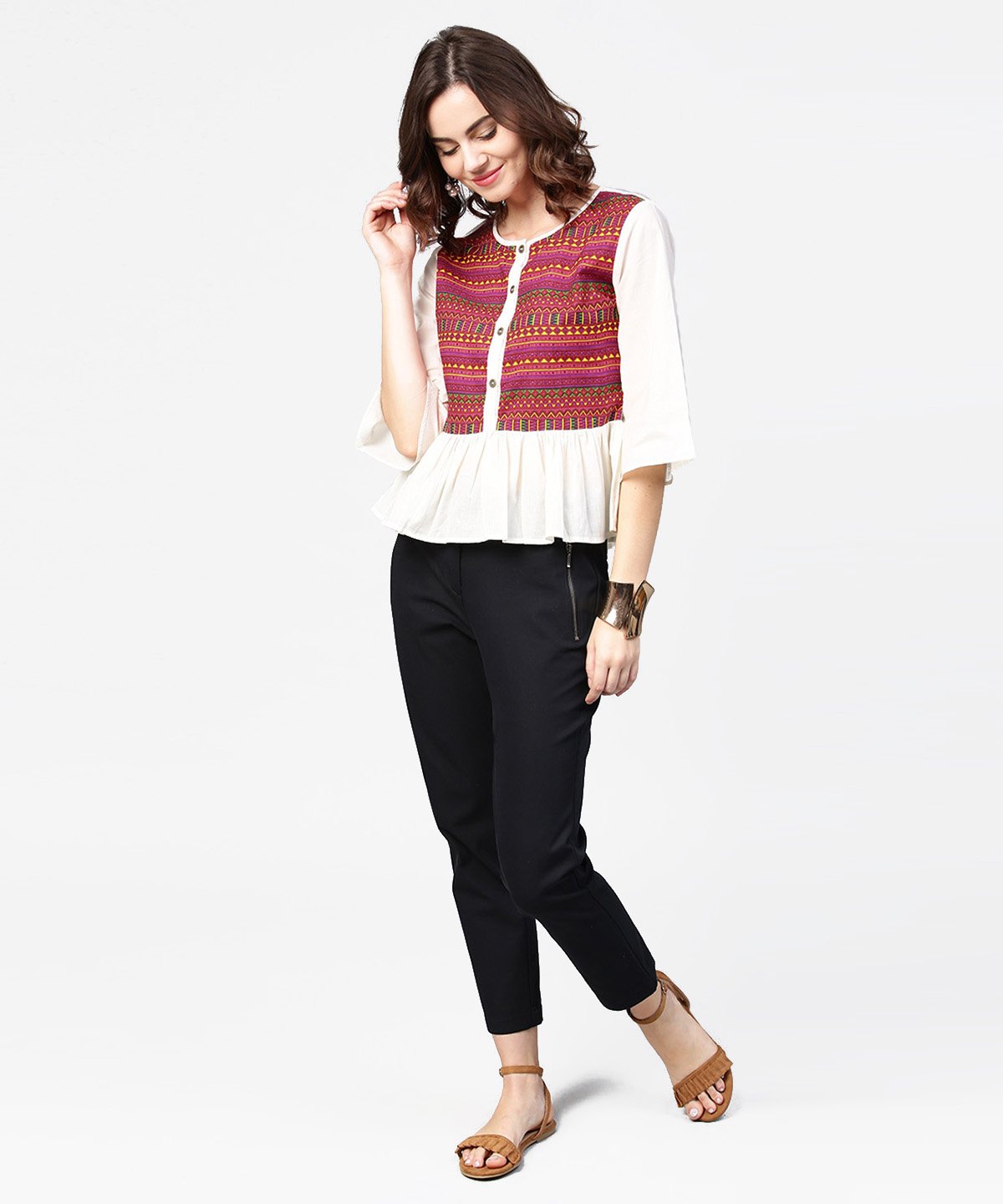 Women's White & Red Printed 3/4Th Sleeve Cotton Crop Top