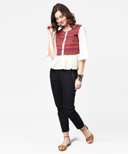 Women's White & Red Printed 3/4Th Sleeve Cotton Crop Top