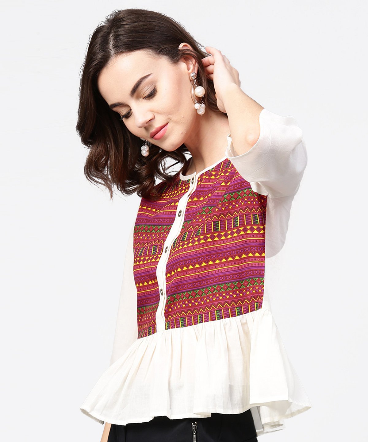 Women's White & Red Printed 3/4Th Sleeve Cotton Crop Top