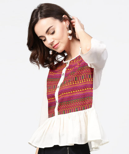 Women's White & Red Printed 3/4Th Sleeve Cotton Crop Top
