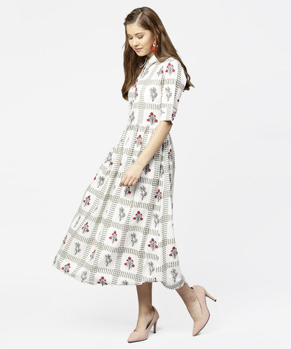 Women's Off White Printed Half Sleeve Cotton Maxi Dress With Belt