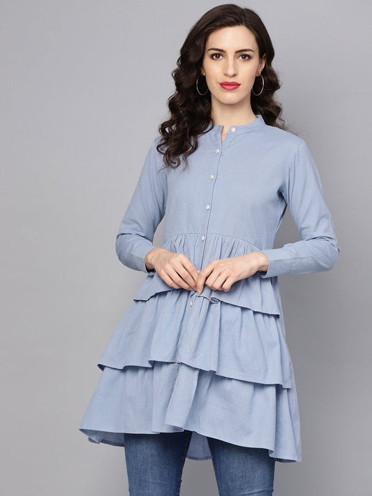Women's Solid Ice Blue Tired Tunic With Madarin Collar & 3/4 Sleeves