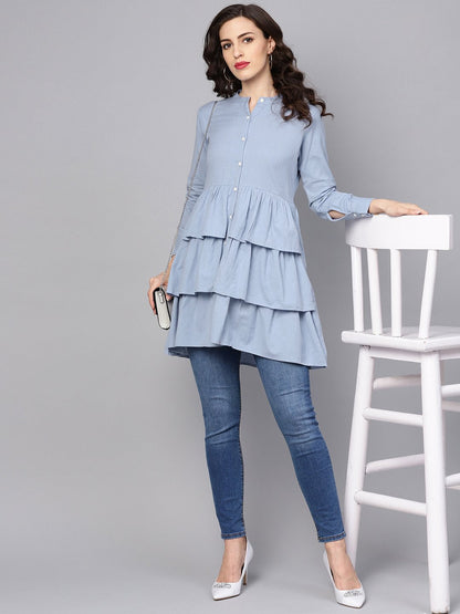 Women's Solid Ice Blue Tired Tunic With Madarin Collar & 3/4 Sleeves