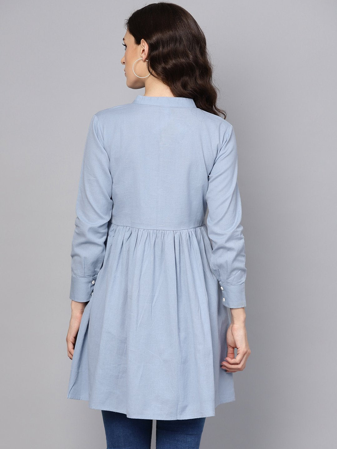 Women's Solid Ice Blue Tired Tunic With Madarin Collar & 3/4 Sleeves