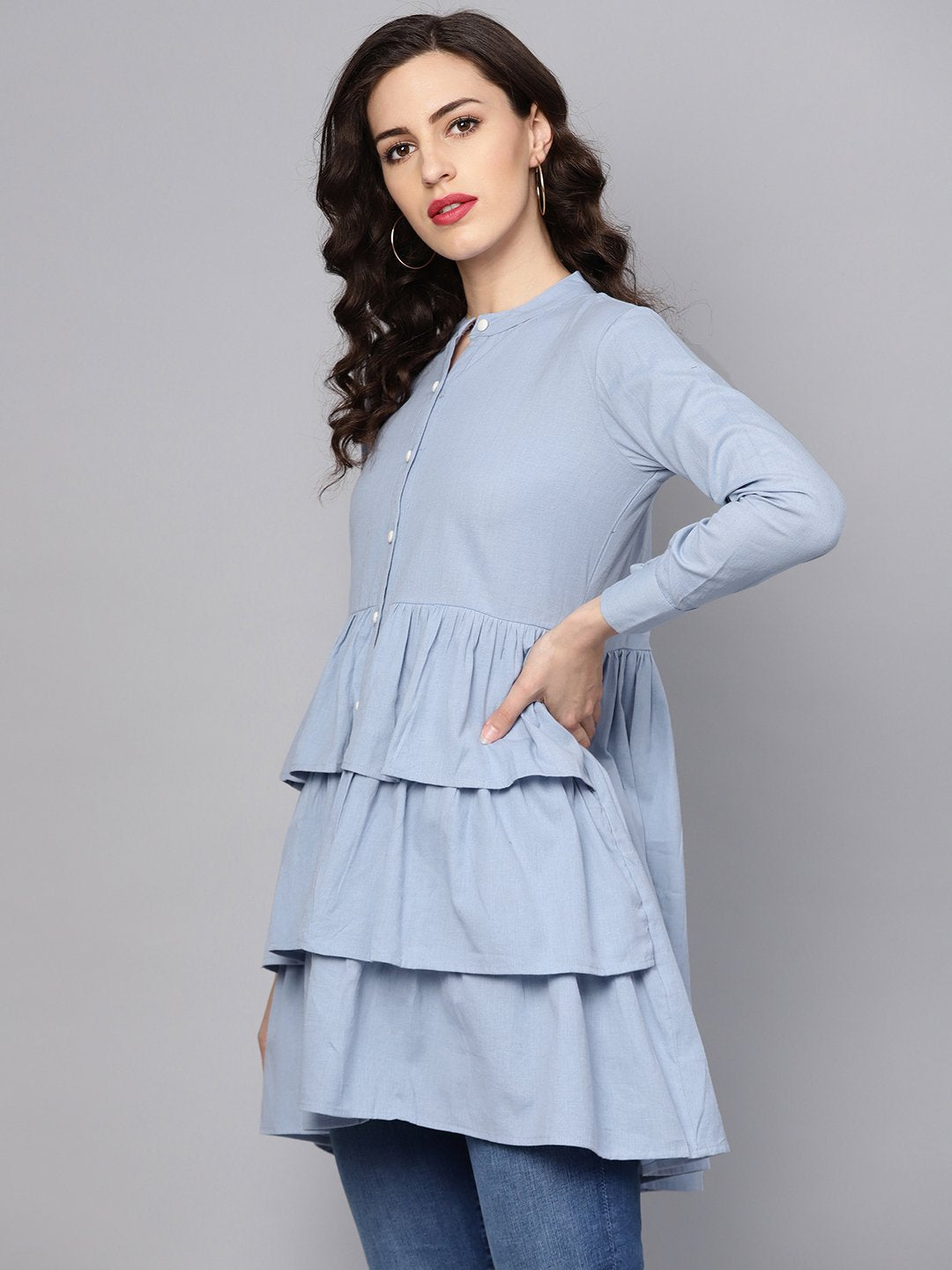 Women's Solid Ice Blue Tired Tunic With Madarin Collar & 3/4 Sleeves