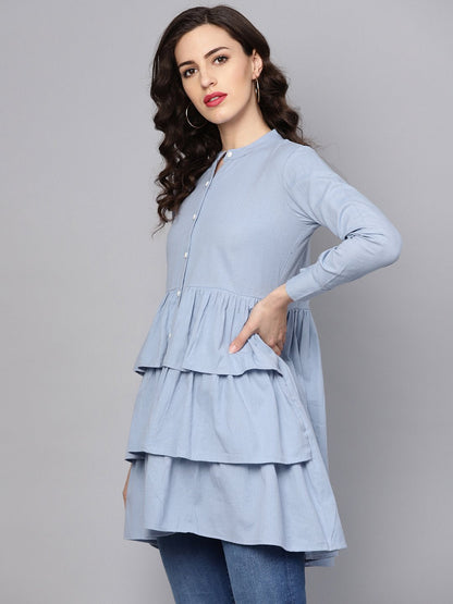 Women's Solid Ice Blue Tired Tunic With Madarin Collar & 3/4 Sleeves