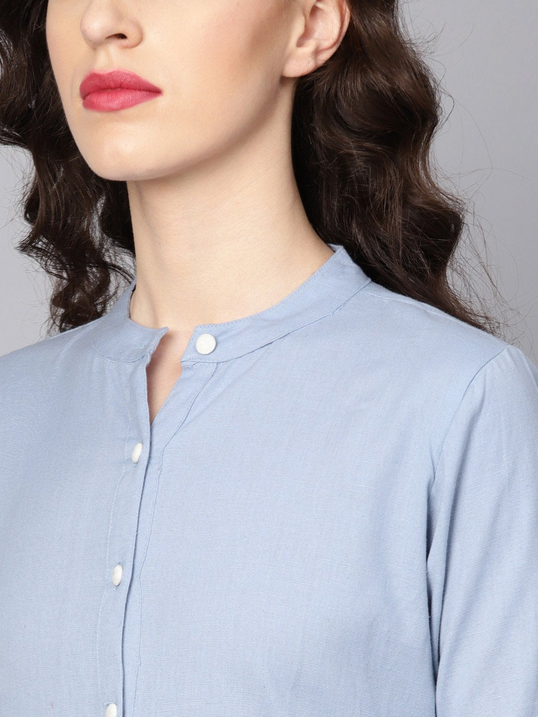 Women's Solid Ice Blue Tired Tunic With Madarin Collar & 3/4 Sleeves