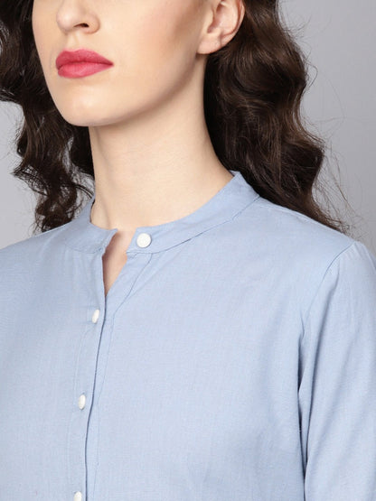 Women's Solid Ice Blue Tired Tunic With Madarin Collar & 3/4 Sleeves