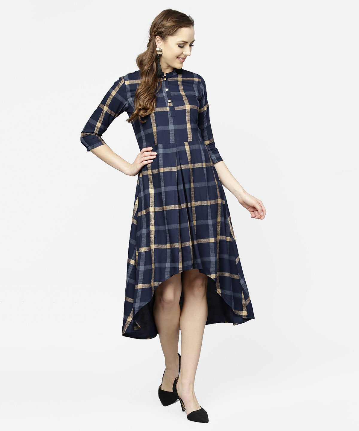 Women's Blue Checked 3/4Th Sleeve Cotton Front Slit Dress