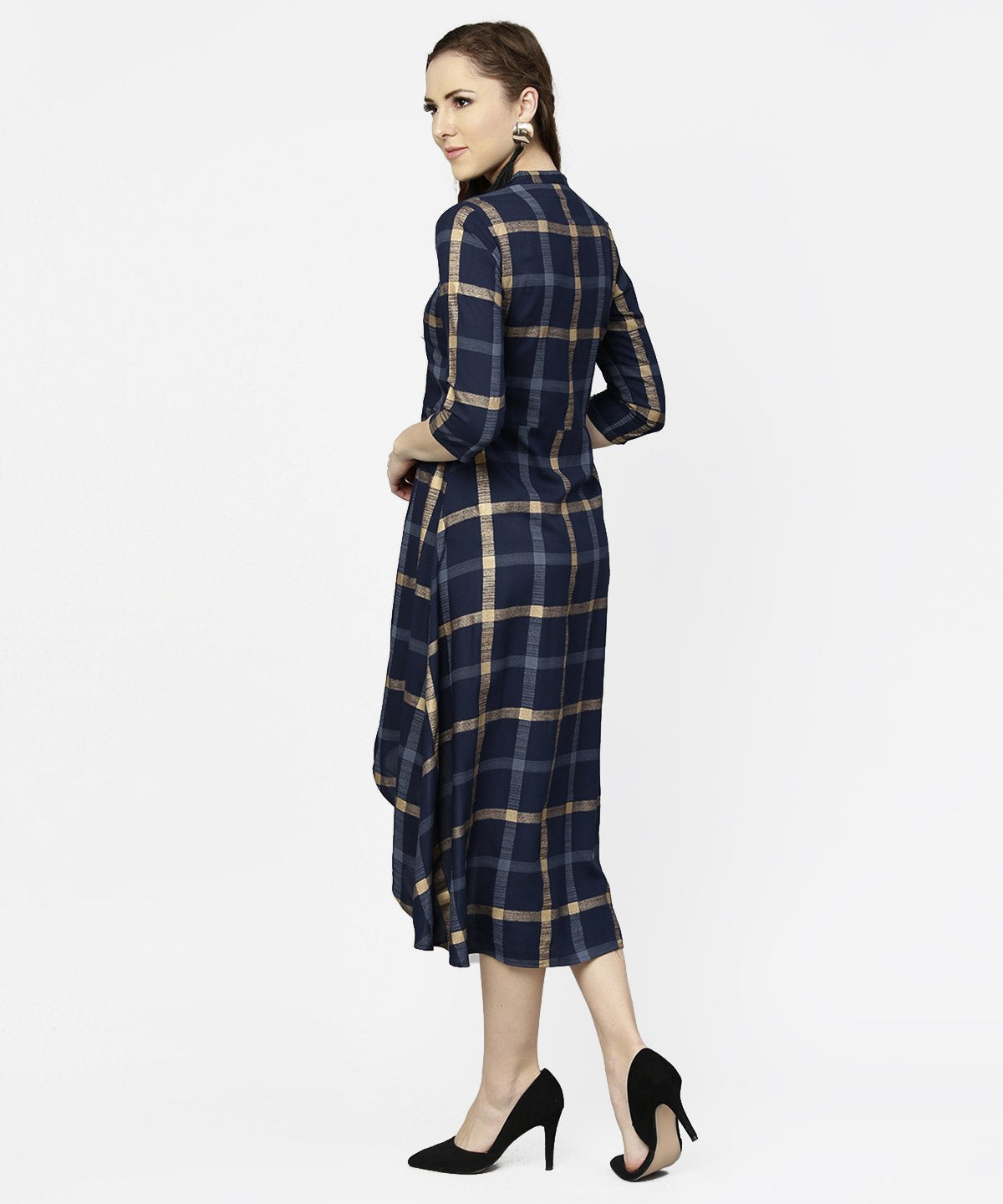 Women's Blue Checked 3/4Th Sleeve Cotton Front Slit Dress
