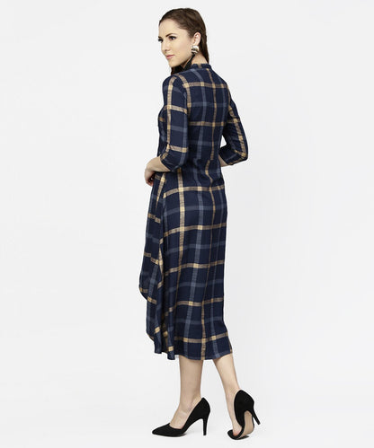 Women's Blue Checked 3/4Th Sleeve Cotton Front Slit Dress