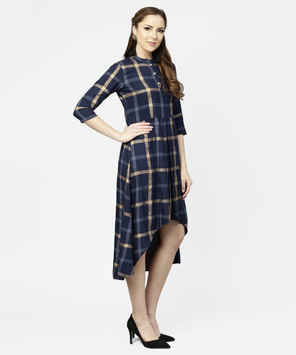 Women's Blue Checked 3/4Th Sleeve Cotton Front Slit Dress