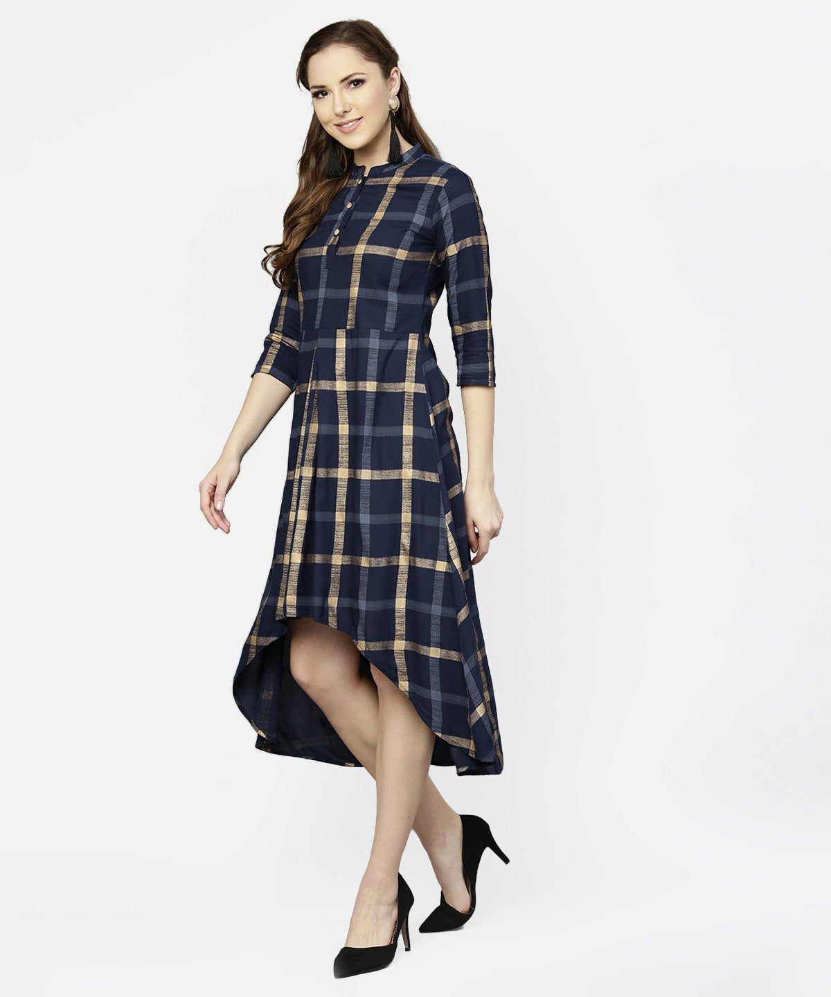 Women's Blue Checked 3/4Th Sleeve Cotton Front Slit Dress