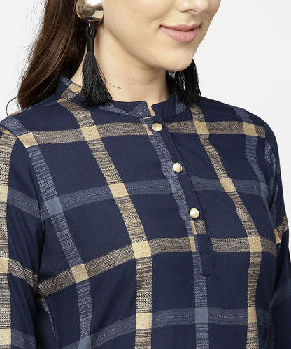 Women's Blue Checked 3/4Th Sleeve Cotton Front Slit Dress