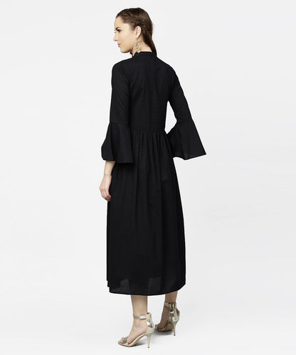 Women's Black Full Sleeve Golden Boota Printed Cotton Maxi Dress