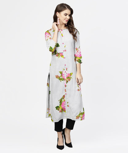 Women's Blue Stripes & Flower Printed Front Open 3/4Th Sleeve Cotton Kurta