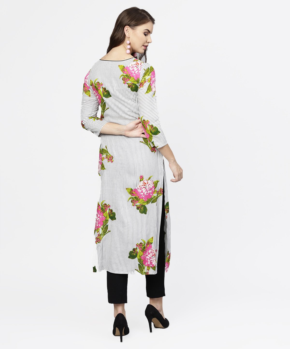 Women's Blue Stripes & Flower Printed Front Open 3/4Th Sleeve Cotton Kurta