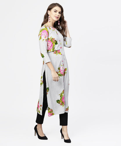Women's Blue Stripes & Flower Printed Front Open 3/4Th Sleeve Cotton Kurta