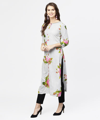 Women's Blue Stripes & Flower Printed Front Open 3/4Th Sleeve Cotton Kurta