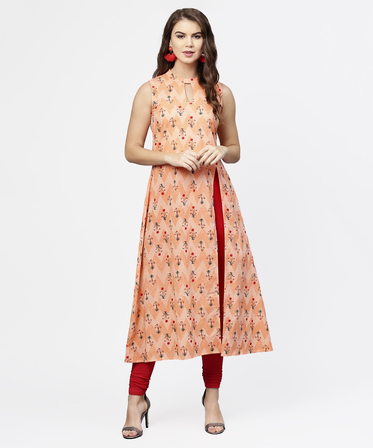 Women's Peach Printed Sleeveless Cotton Front Slit Kurta