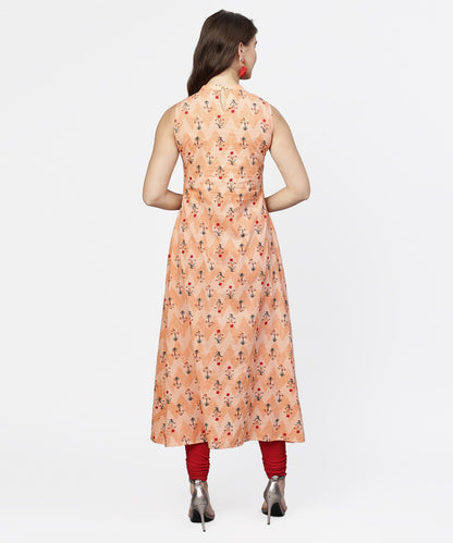 Women's Peach Printed Sleeveless Cotton Front Slit Kurta