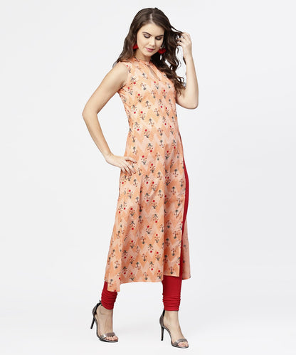 Women's Peach Printed Sleeveless Cotton Front Slit Kurta