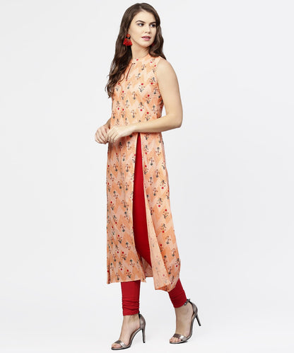 Women's Peach Printed Sleeveless Cotton Front Slit Kurta
