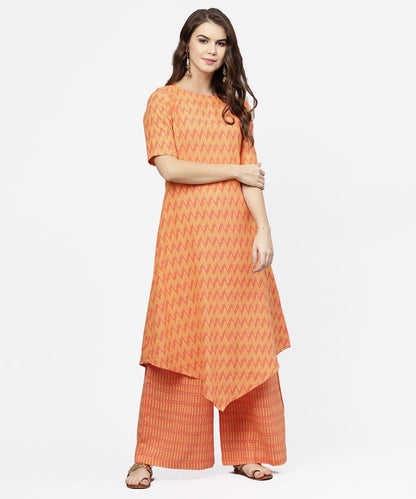Women's Yellow & Peach Printed Half Sleeve Cotton Assymetric Kurta With Ankle Length Palazzo