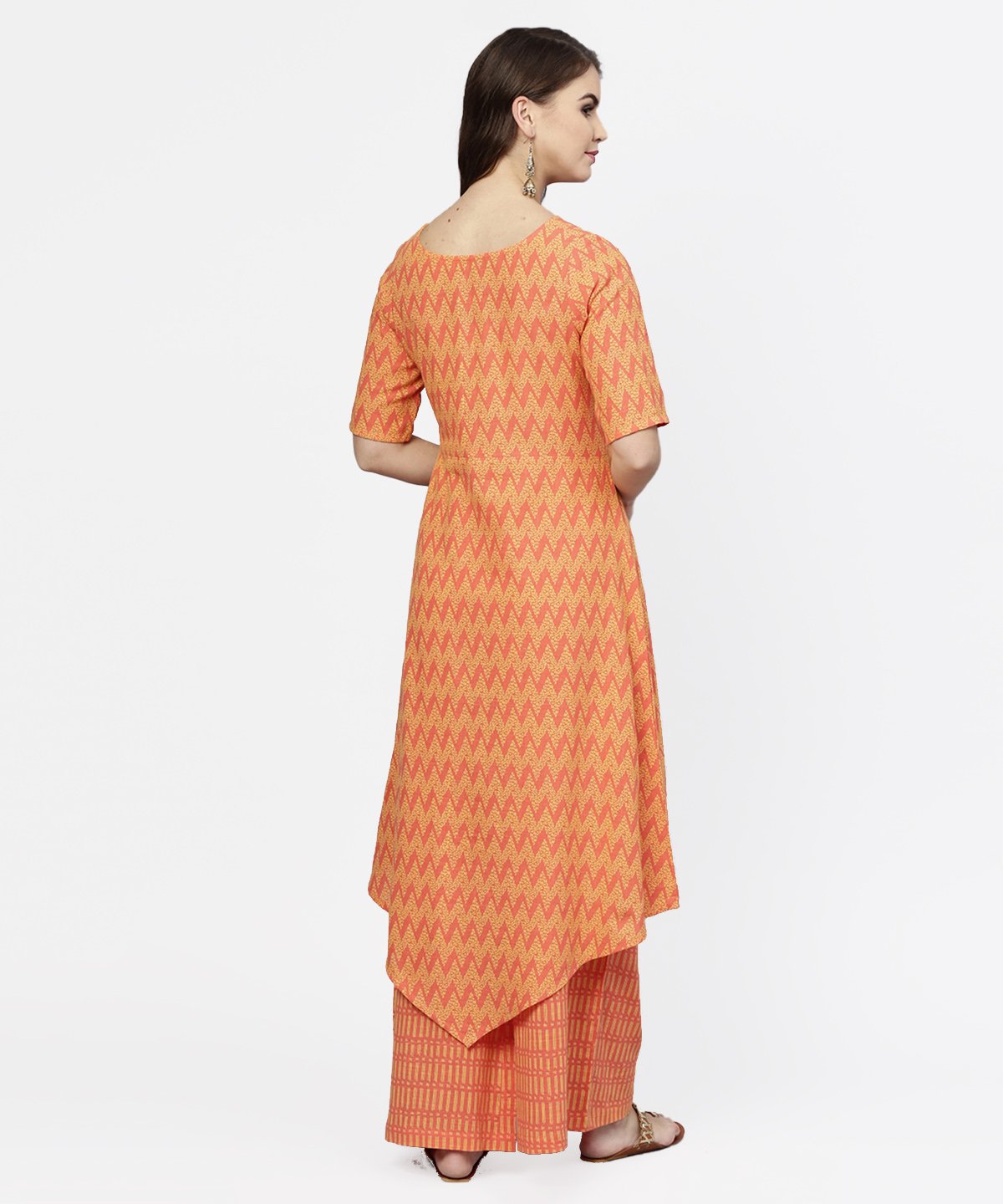 Women's Yellow & Peach Printed Half Sleeve Cotton Assymetric Kurta With Ankle Length Palazzo