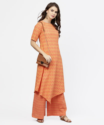 Women's Yellow & Peach Printed Half Sleeve Cotton Assymetric Kurta With Ankle Length Palazzo