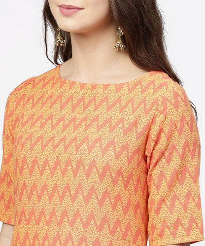 Women's Yellow & Peach Printed Half Sleeve Cotton Assymetric Kurta With Ankle Length Palazzo