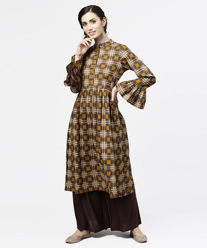 Women's Coffee Brown & Yellow Full Sleeve Cotton Anarkali Kurta