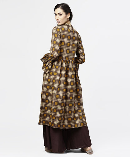 Women's Coffee Brown & Yellow Full Sleeve Cotton Anarkali Kurta