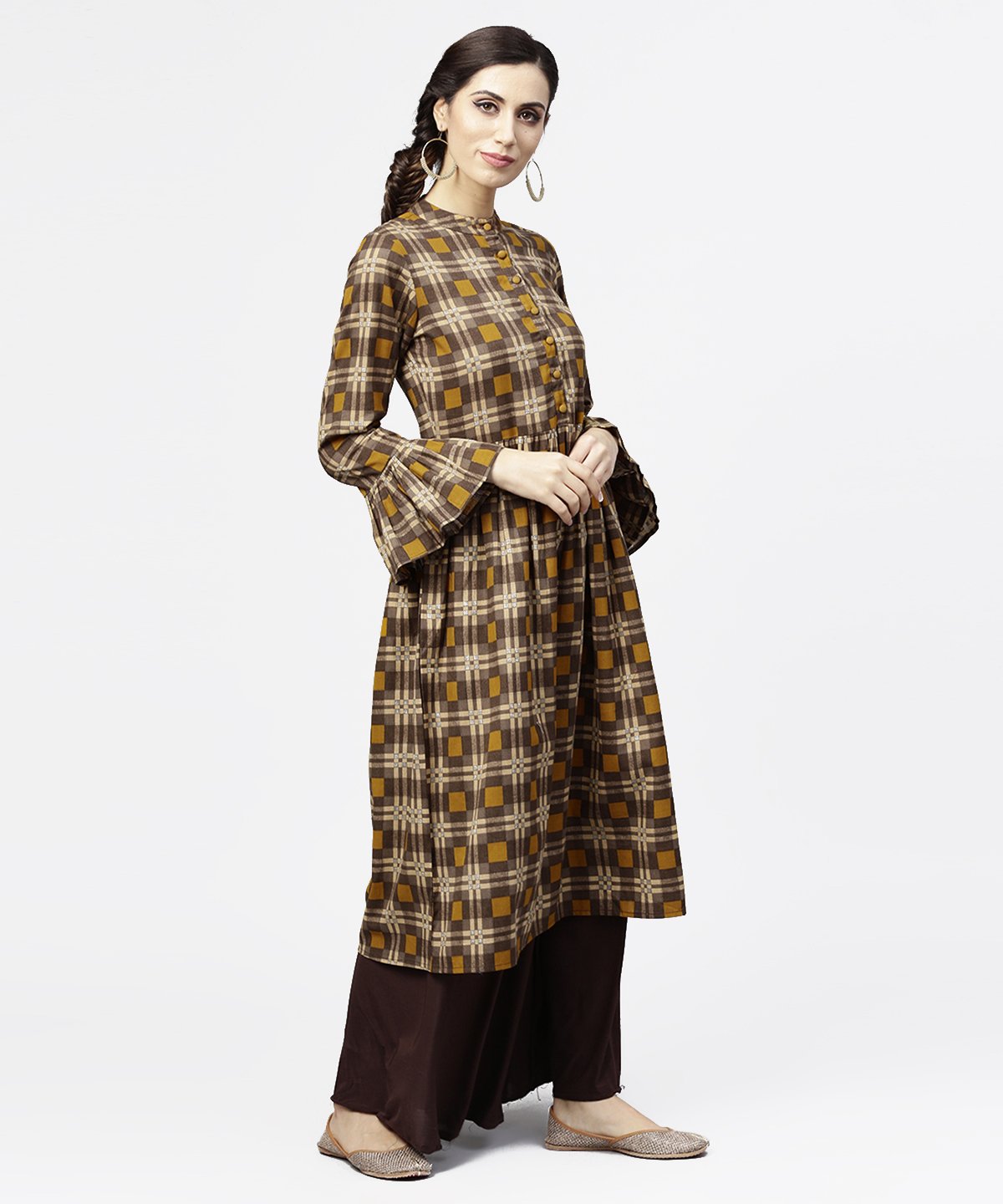 Women's Coffee Brown & Yellow Full Sleeve Cotton Anarkali Kurta