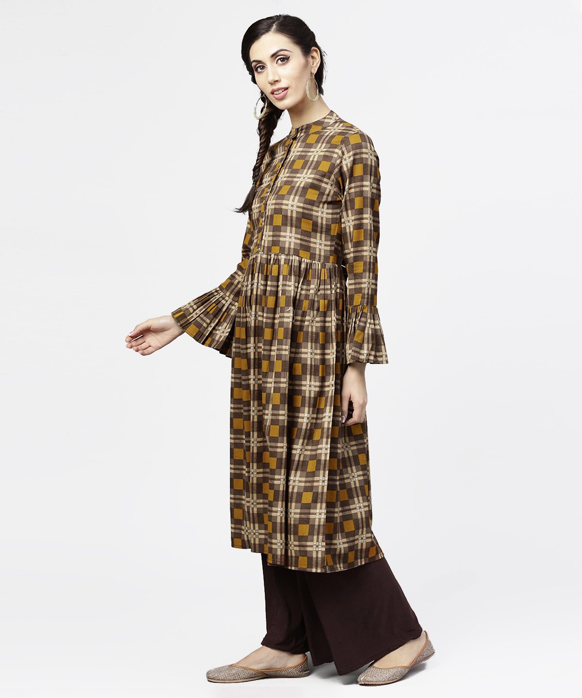 Women's Coffee Brown & Yellow Full Sleeve Cotton Anarkali Kurta