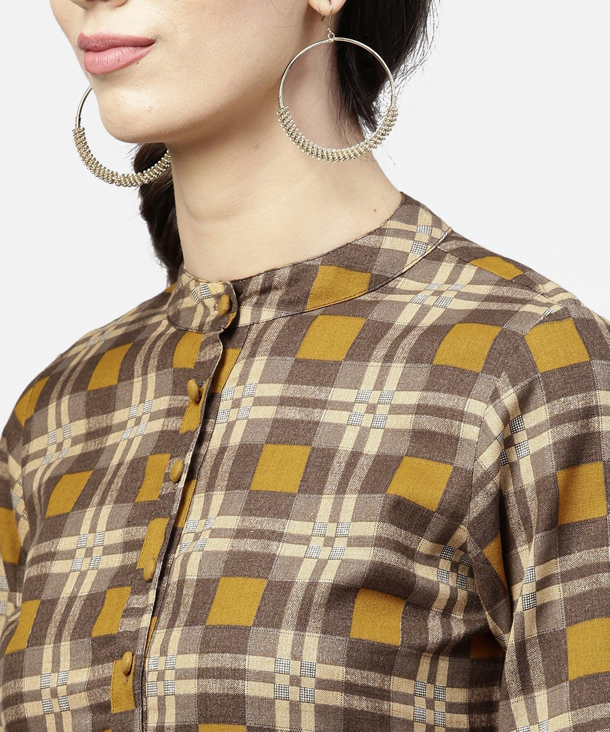 Women's Coffee Brown & Yellow Full Sleeve Cotton Anarkali Kurta