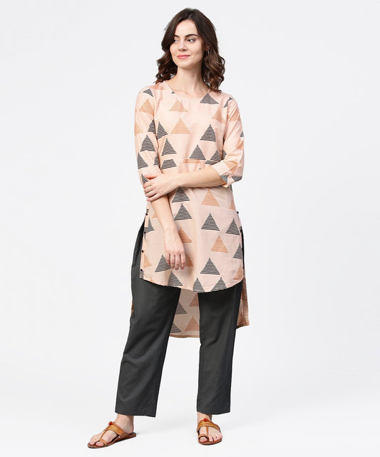 Women's Off White Printed 3/4Th Sleeve Cotton Low High Kurta