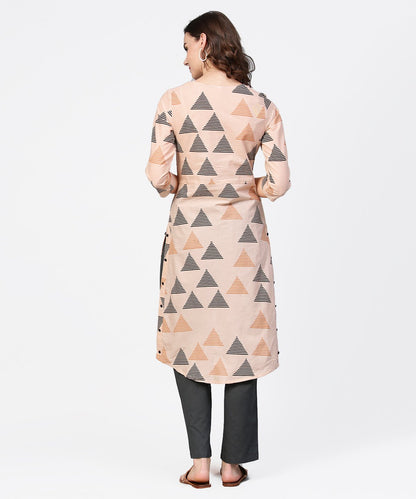 Women's Off White Printed 3/4Th Sleeve Cotton Low High Kurta