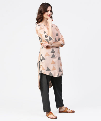 Women's Off White Printed 3/4Th Sleeve Cotton Low High Kurta