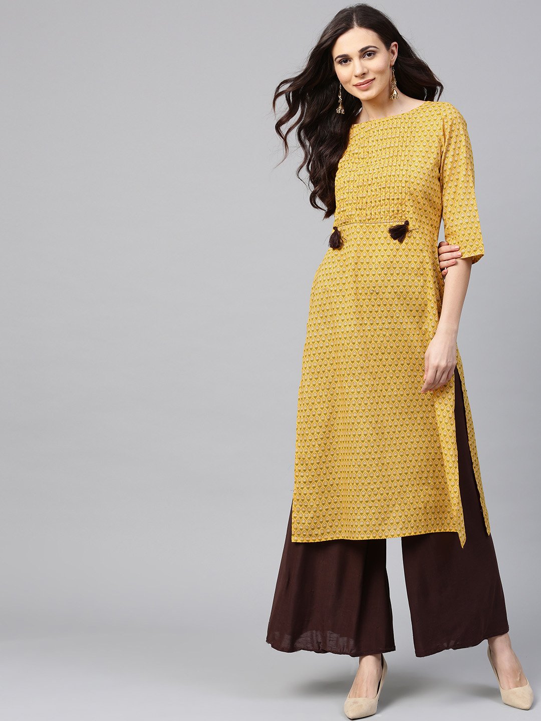 Women's Yellow Printed Half Sleeve Cotton Straight Kurta
