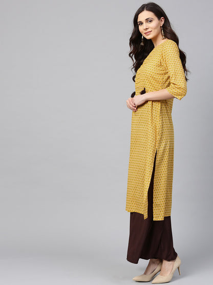Women's Yellow Printed Half Sleeve Cotton Straight Kurta