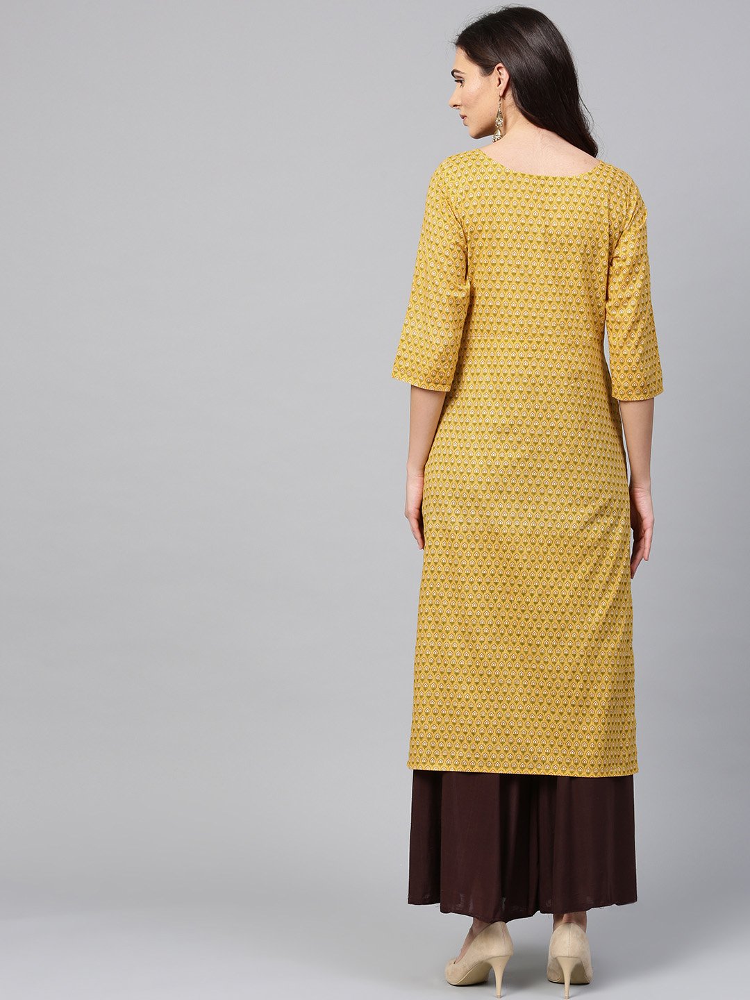 Women's Yellow Printed Half Sleeve Cotton Straight Kurta