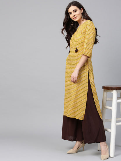 Women's Yellow Printed Half Sleeve Cotton Straight Kurta