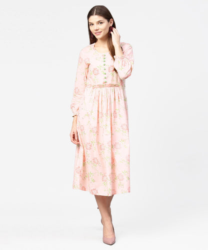 Women's Peach Printed 3/4Th Sleeve Cotton A-Line Dress