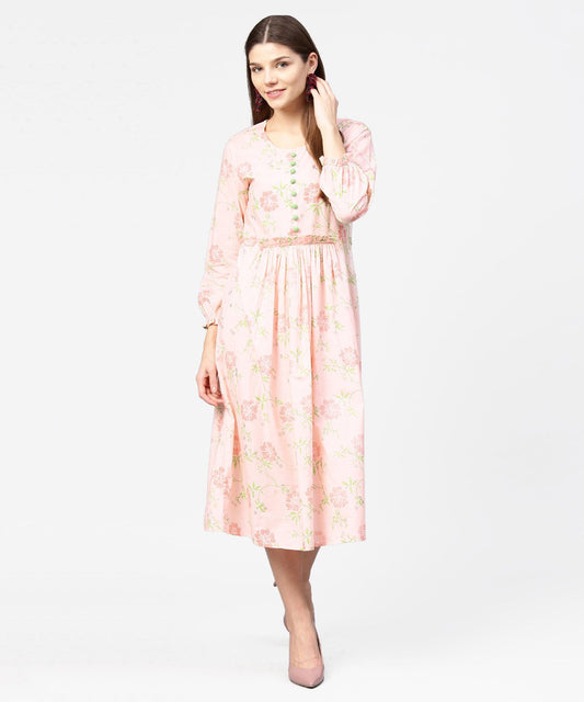 Women's Peach Printed 3/4Th Sleeve Cotton A-Line Dress