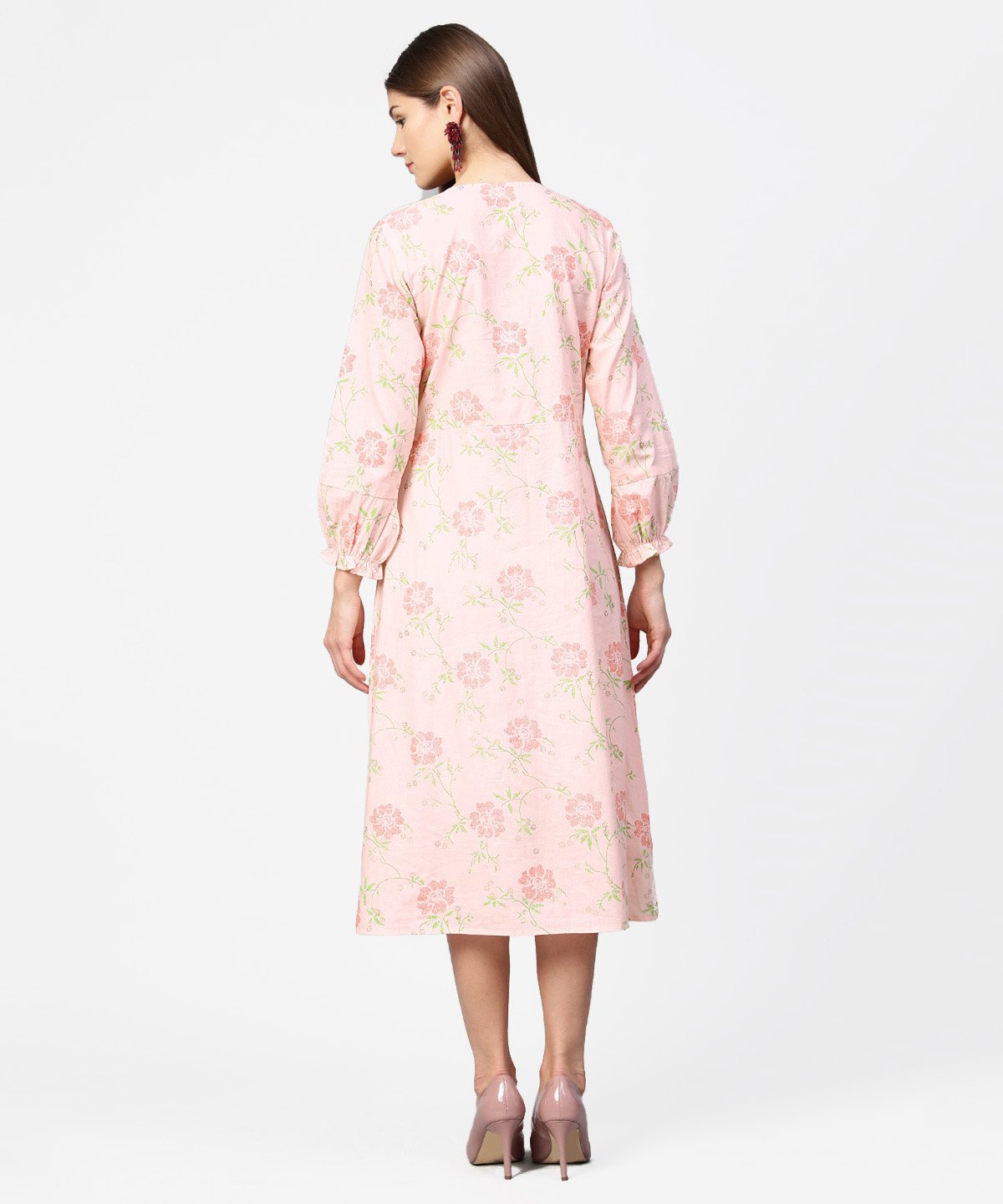 Women's Peach Printed 3/4Th Sleeve Cotton A-Line Dress
